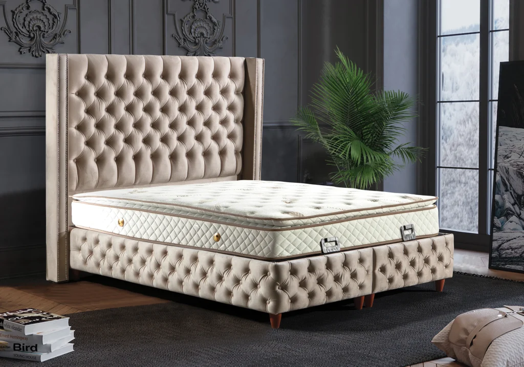 lit turc capitonné velours beige coffre rangement – star.1